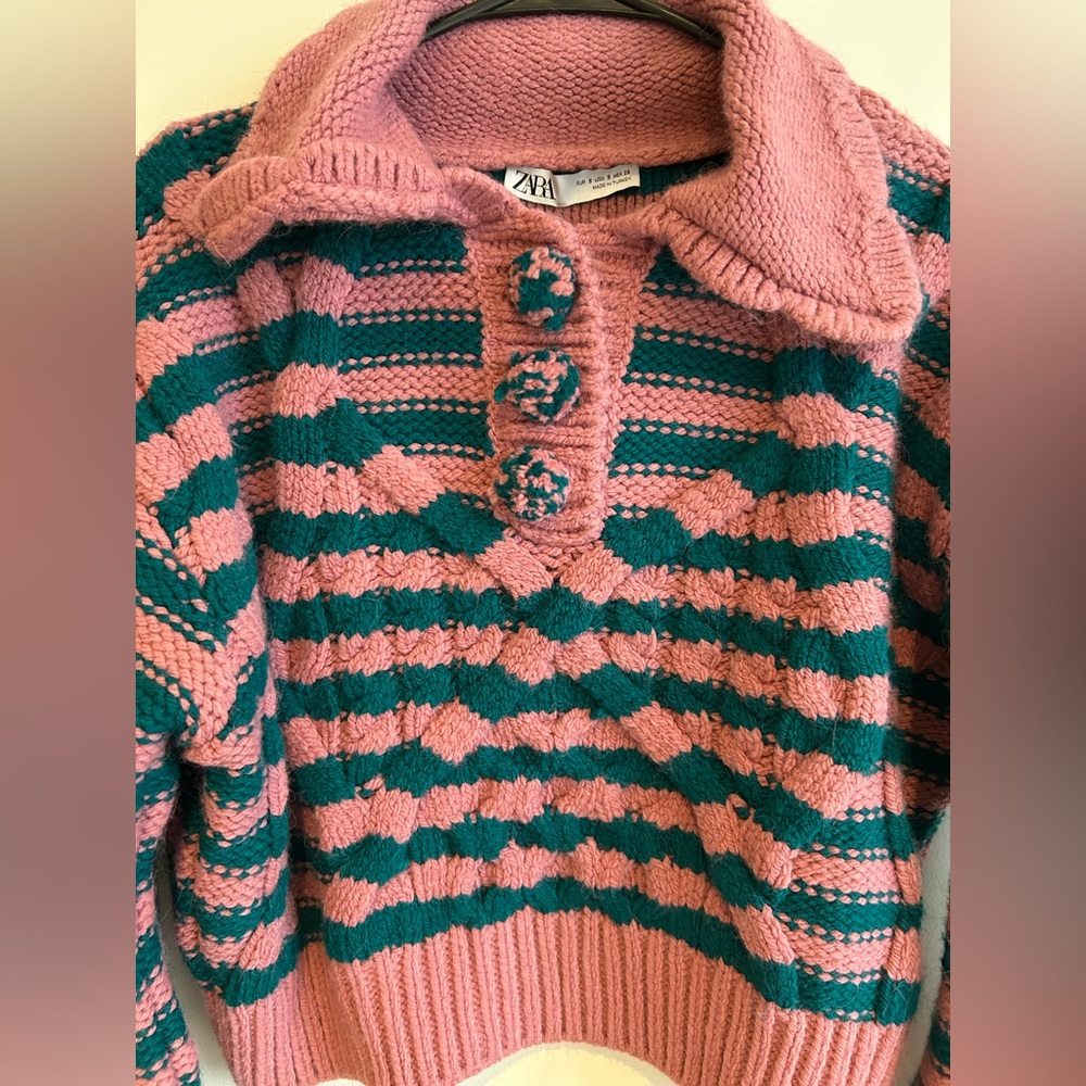 ZARA Ruffled Striped Cable Knit Sweater Pink Green Size S - Picture 8 of 11